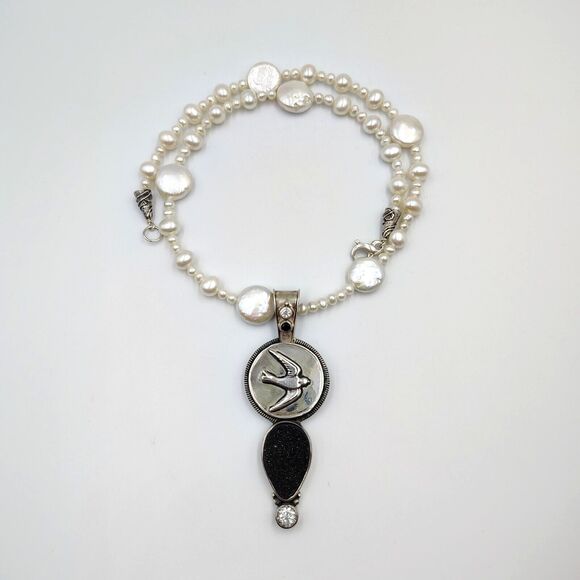 Mars And Valentine Sterling 925 Charcoal Druzy Sapphire Pearl Swallow Necklace - Picture 11 of 16